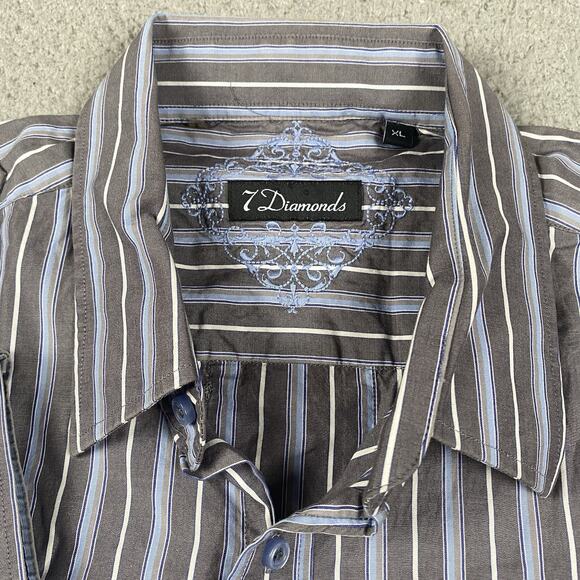 7 Diamond Button UP Shirt Men's XL Gray Blue Striped - Picture 2 of 9
